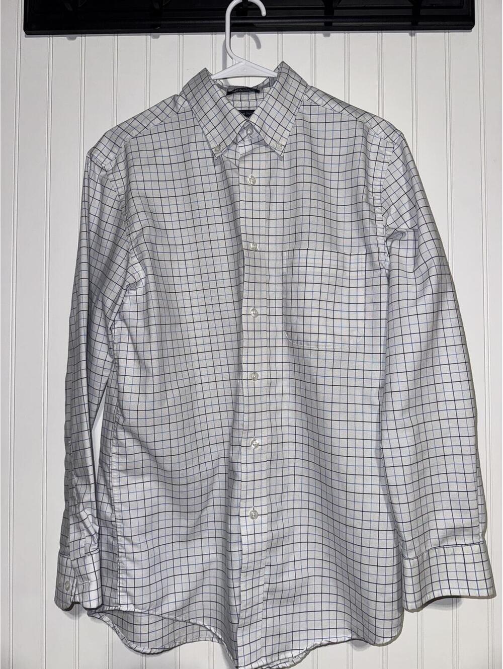 Saddlebred Men Easy Care Oxford Blue Grid Tattersall Dress Shirt 15 1/2 32/33